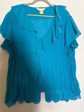 City Design Women's XL Blue Ruffle Front Blouse